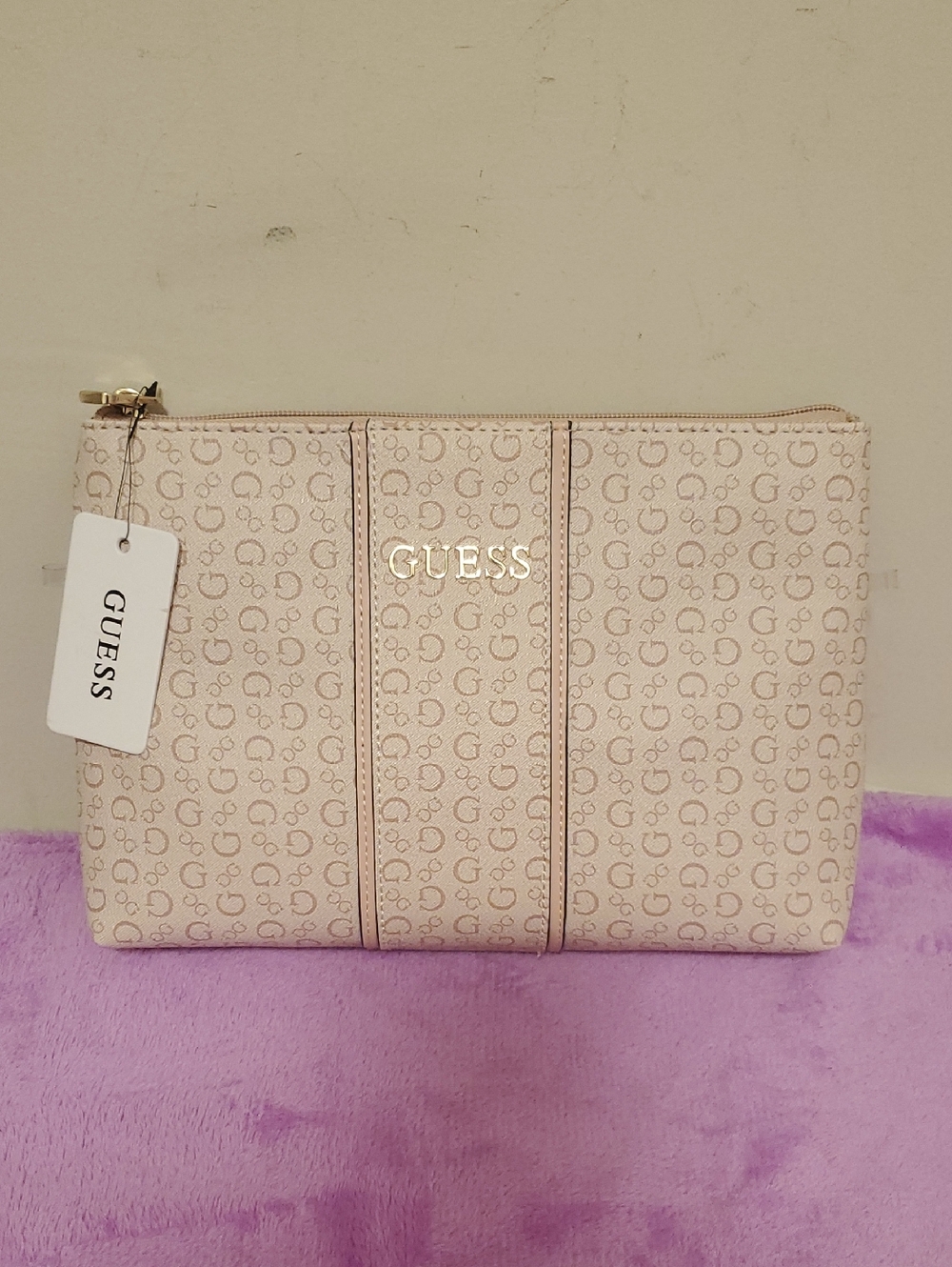 GUESS Pale Pink Monogram Zip Clutch with Gold Logo